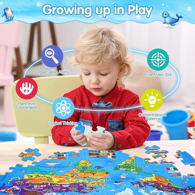 Glow in The Dark World Map Puzzles for Kids 4-6, 70 Pieces Large Globe Floor Puzzles for Kids Ages 6-8 Continents Geography Puzzle Educational Learning Toys for Children, Easter Gifts for Kids