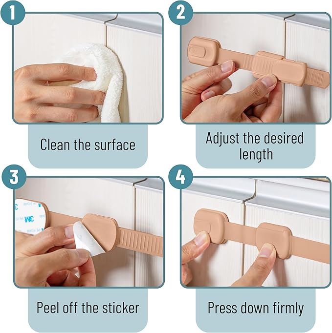 Bate- Child Safety Strap Locks, 6 Pack, Light Peach, Baby Locks for Cabinets, Drawers, Kitchen, Toilet, Furniture, Fridge, Multi-Purpose, Easy Install with Quick 3M Adhesive for Childproofing