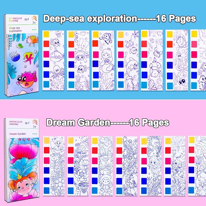 JUNQIU Paint with Water Books for Kids Ages 4-8, Watercolor Painting Coloring Books for Toddlers, Magic Paint Set for Kids, Art Craft Set for Drawing with Brush(2 Pack)