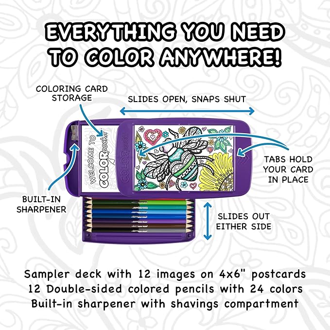 Colorpockit Coloring Kit Travel Art Set with Colored Pencils, 4x6 Coloring Cards, Built in Sharpener, Mess Free Trip Activities for Airplanes or Car, 8.5 x 5, 28 pieces