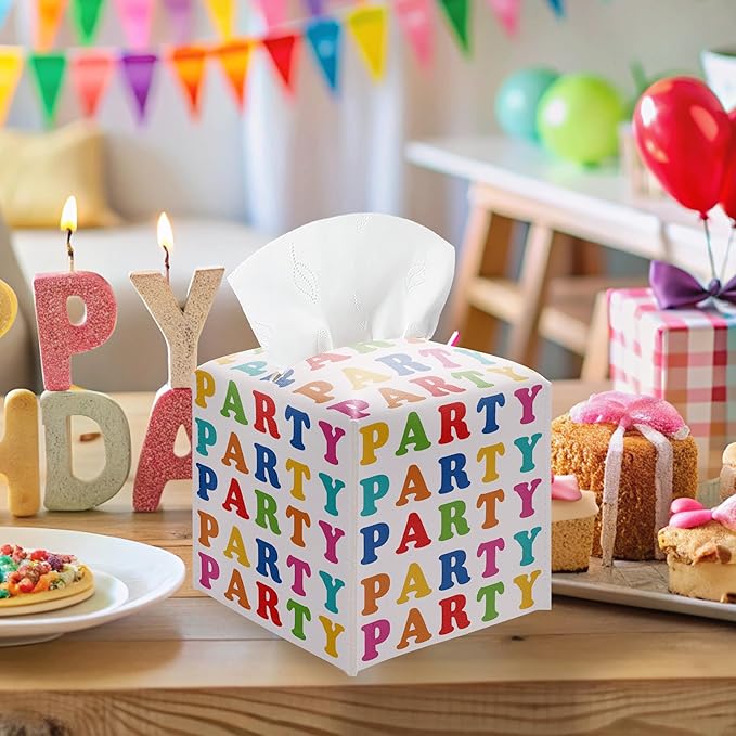Colorful Party Tissue Box Cover – PU Leather Square Party Decor with Belt Bottom, Ideal Table Centerpiece & Party Favor for Birthday, Bridal Shower & Celebrations Decorations