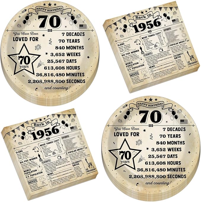 CHUNNIN 50pcs 70th Birthday Plates and Napkins 70 Year Old Birthday Party Decorations Vintage Back in 1956 Dessert Plates Vintage 1956 70th Theme Disposable Tableware Set for Men Women Party Supplies