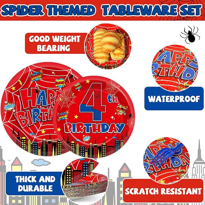 96Pcs Spider 4th Birthday Party Decorations Cartoon Spider Theme Plates Napkins Red Blue Hero Tableware set Super Theme Hero 4th Birthday Decoration Favors for Kids 4 Year Old Party Supplies Serve 24