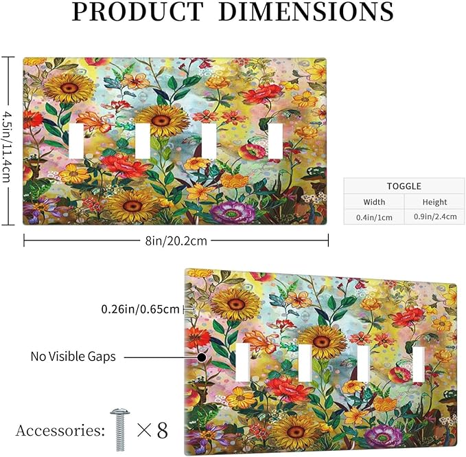Fall Colorful Sunflower Floral 4 Gang Wall Plate Quad Toggle Light Switch Cover Decorative Outlet Covers Electrical Light Switches Faceplate for Bedroom Bathroom Kitchen Decor