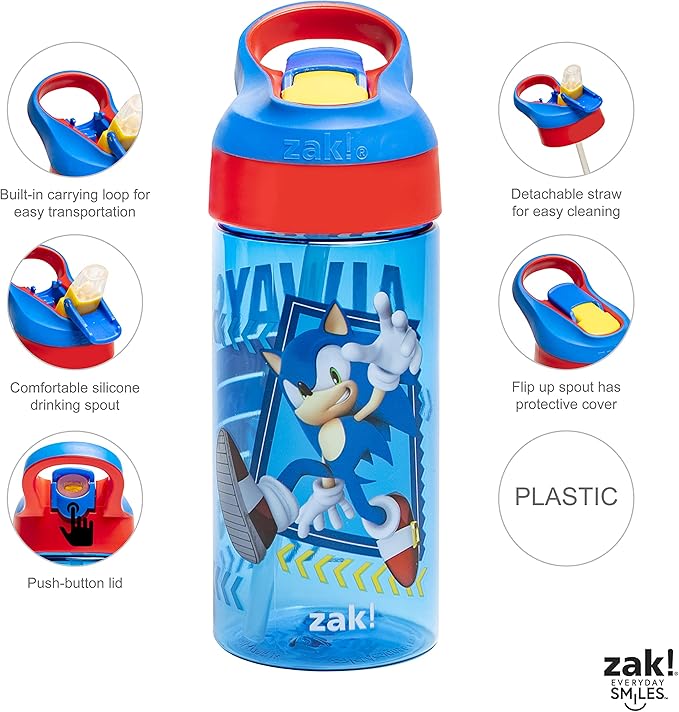 Zak Designs Sonic the Hedgehog Kids Water Bottle with Spout Cover and Built-in Carrying Loop, Made of Durable Plastic, Leak-Proof Water Bottle Design for Travel (17.5 oz, Pack of 2)