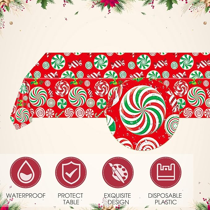 41 Pcs Peppermint Party Tableware Set Include Christmas Candy Cane Paper Plates Napkins and Plastic Tablecloth Red Green Christmas Candy Winter Party Decor for Holiday Xmas