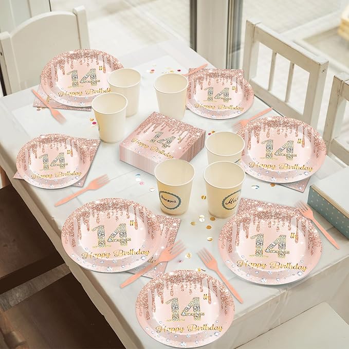 96 Pcs Rose Gold 14th Birthday Party Plates and Napkins for Girls Rose Gold Party Supplies Pink Happy 14 Years Birthday Party Tableware Set for 24 Guests Party Decorations