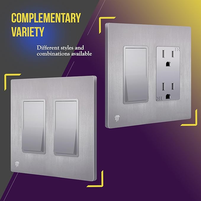 ENERLITES Elite Series Screwless Decorator Wall Plate Child Safe Outlet Cover, Gloss Finish, Size 2-Gang 4.68" H x 4.73" L, Unbreakable Polycarbonate Thermoplastic, SI8832-BSV, Brushed Silver