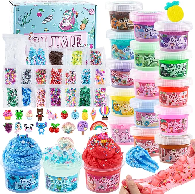 18 x 80 mL Big Premade Slime Kit - 48 FL OZ Slime with 6 Butter, 6 Cloud & 6 Clear Crystal Slimes Varieties - Party Favors for Kids, 56 Pcs Slimes Pack with Jelly Cube Add-ins