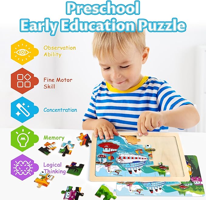 Wooden Puzzles for Kids Ages 3-5, 4 Packs Puzzles for Kids Ages 4-6, 24-Piece Truck Vehicle Wood Jigsaw Puzzles for Toddlers 3-5,Preschool Educational Toys Gifts for Children Ages 4-8 Boys (Vehicle)