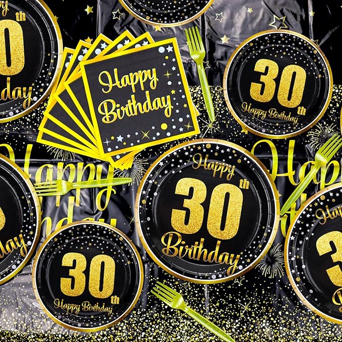 30th Birthday Decorations for Women and Men - 81 Pcs Plates Napkins 30th Tablecloth Forks Set Black and Gold Party Decorations Serve 20