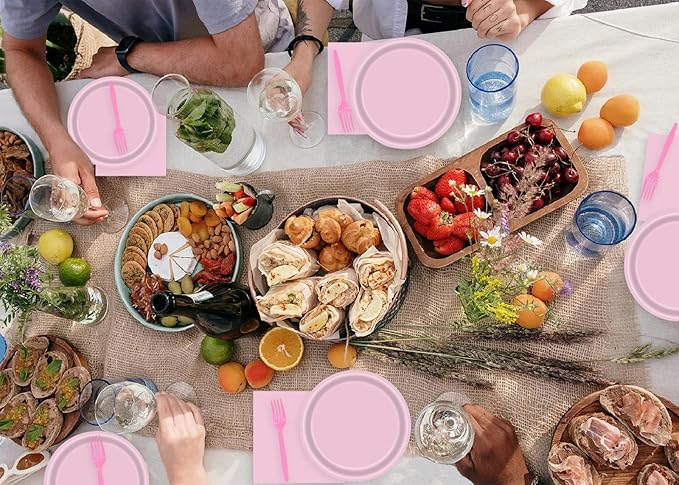72 Pcs Pink Paper Plates 7in Disposable Dessert Plates Napkins and Forks Party Tableware Set Decoration Supplies for Birthday Baby Shower Wedding Holiday Bridal Shower Party, Serve 24
