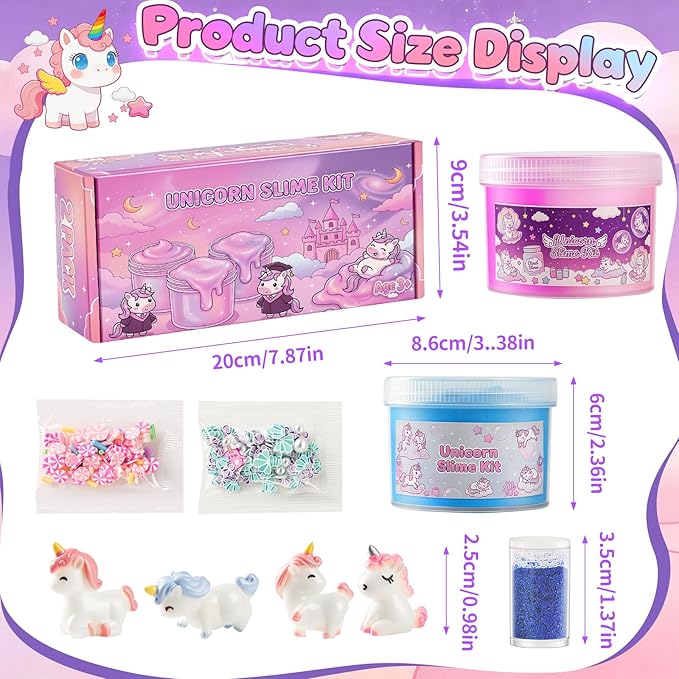 2 Pack 250ml Unicorn Cloud Slime Kit for Girls Boys - Scented Fluffy Cloud Slime with Cute Unicorn Charms - Non-Sticky Sensory Fidget Toys for Stress Relief & ASMR - DIY Slime Gift for Kids