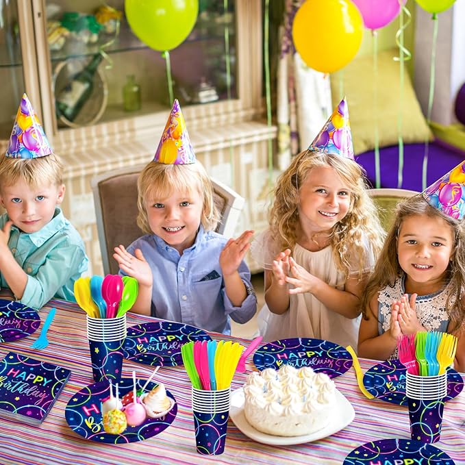 Meanplan Serves 24 Guests Neon Happy Birthday Party Plates and Napkins Neon Glow Birthday Tableware Set Let's Glow Party Decorations for Kids Included Cups Knives Forks Spoons Total 168 Pcs
