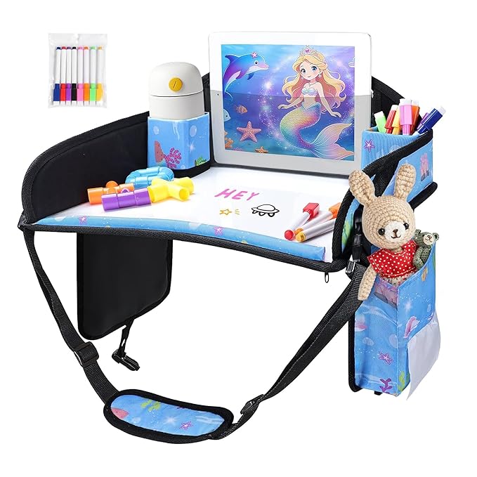 Kids Travel Tray for Car Seat, Road Trip Essentials for Toddler, Carseat Lap Tray with Dry Erase Board & Storage Organizer for Activities, Bluish Violet