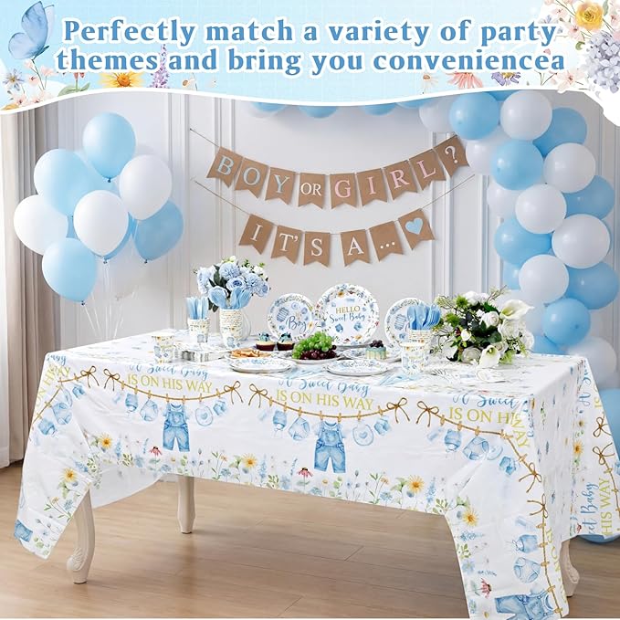 Pickmesh 194 Pcs Floral Baby Boy Shower Decorations for 24 Guests, Baby Shower Blue Paper Plates and Napkins Cups Tablecloth Cutlery for Spring It's a Boy Gender Reveal Party Supplies