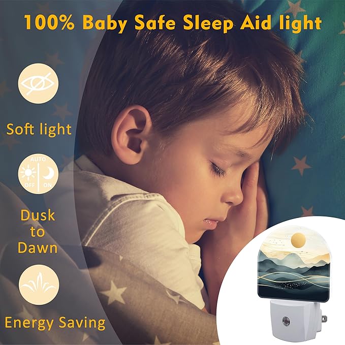 Golden Sun and Mountains Night Light for Kids,Watercolor Sunrise Sunset Mountain Plug in Night Light with Dusk to Dawn Sensor, 0.5w Energy Saving Nightlight for Hallway Stairway Kitchen Bedroom