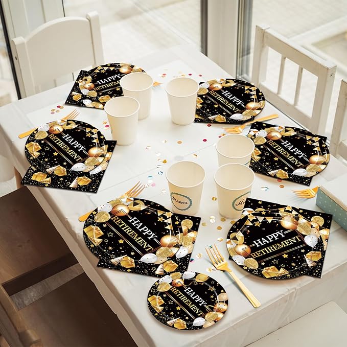 200 Pcs Retirement Party Plates and Napkins Set, Happy Retirement Party Supplies Decorations for Men Women Gold and Black Farewell Going Away Disposable Dinnerware Tableware Kit, Serves 50
