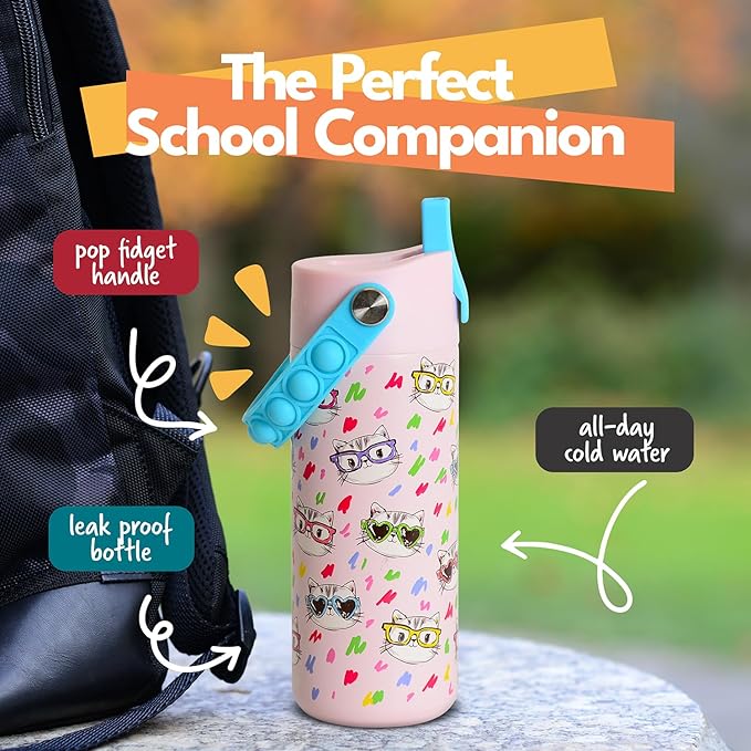 Elemental Insulated Kids Water Bottle, Stainless Steel Water Bottle with Straw Lid & Pop-It Handle, Leak-Proof Water Bottles for School, Boys or Girls, Travelling and Sports, 18oz - Stylish Cat