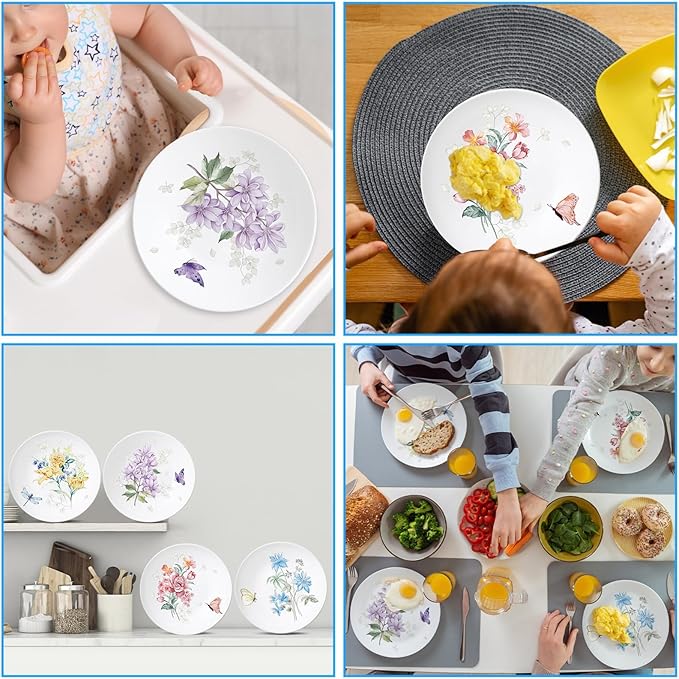 Naozinebi 4 Pcs 10 Inch Spring Theme Flower Plates Melamine Floral Dinnerware Set Reusable Melamine Spring Floral Baby Shower Plate Dishwasher Creatively Drop Resistant Cute Plastic Dish