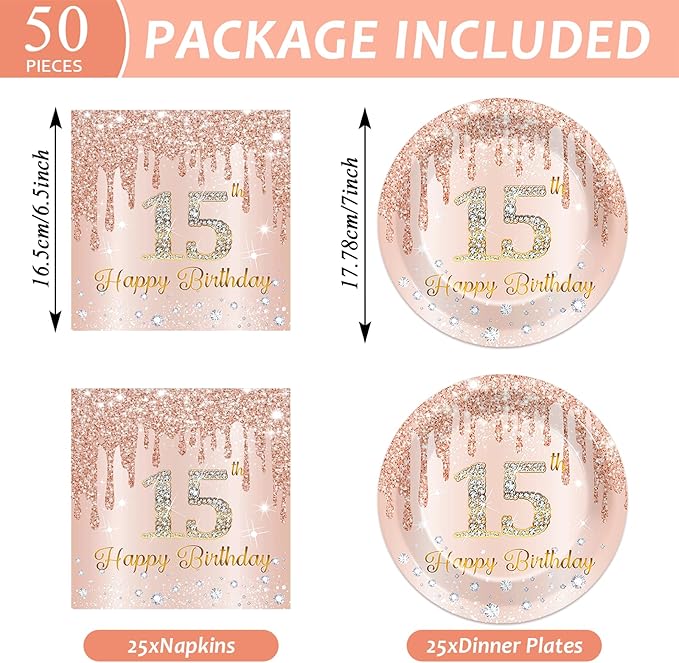 50Pcs Rose Gold 15th Birthday Party Paper Plates Napkins Girls Pink 15th Birthday Dessert Table Decoration Happy 15 Years Old Cake Tableware Set Serves 25 Guest Fifteen Years Old Party Favor Supplies