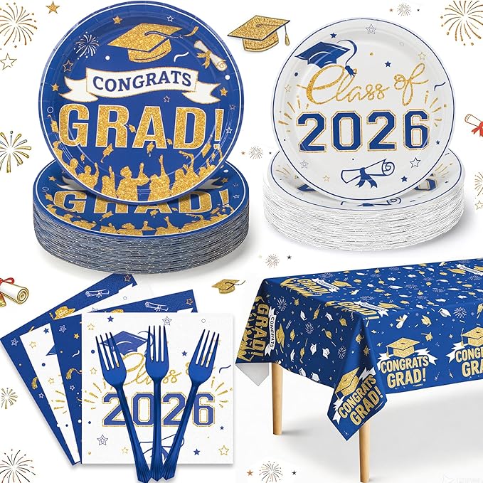 Graduation Plates and Napkins 2026,97Pcs Blue Disposable Grad Plates Class of 2026 Dessert Plates Napkins,Tablecloth,Forks,Graduation Decorations for Congrats Grad Party,Serve 24