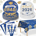 Graduation Plates and Napkins 2026,97Pcs Blue Disposable Grad Plates Class of 2026 Dessert Plates Napkins,Tablecloth,Forks,Graduation Decorations for Congrats Grad Party,Serve 24