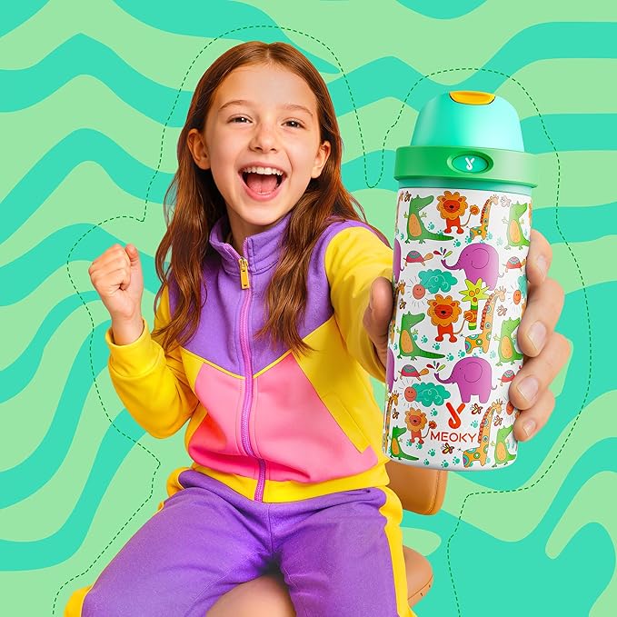 18 oz Kids Water Bottle for School: Meoky 18 oz Stainless Steel Insulated Water Bottle with 2-in-1 Straw and Spout Lid - Leak Proof, Fits in Car Cup Holder, BPA-Free for Teens Boys Girls, Wild Animals