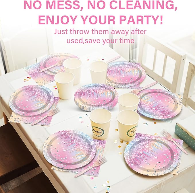 100PCS Iridescent Diamond Birthday Party Plates Napkins Forks Supplies Set Holographic Tableware Party Supplies Gem Stone Dinnerware Decorations Favors for Girls Kids Birthday Serves 25