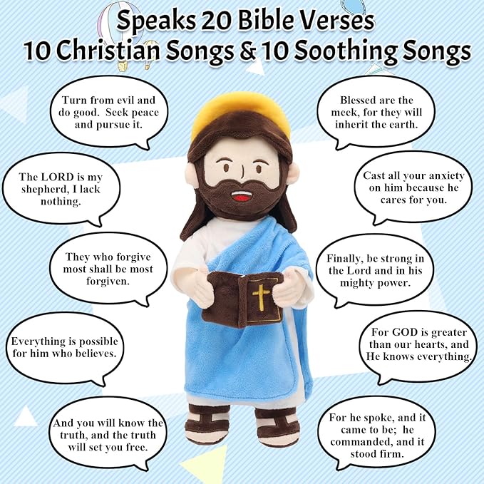 Yelakey Jesus Plush Talking Doll with Halo,Speak 20 Bible Verses & 20 Songs,13.4" Interactive Hymn Stuffed Plushie Perfect Religious Gift for Kids Sunday School & Easter Celebrations