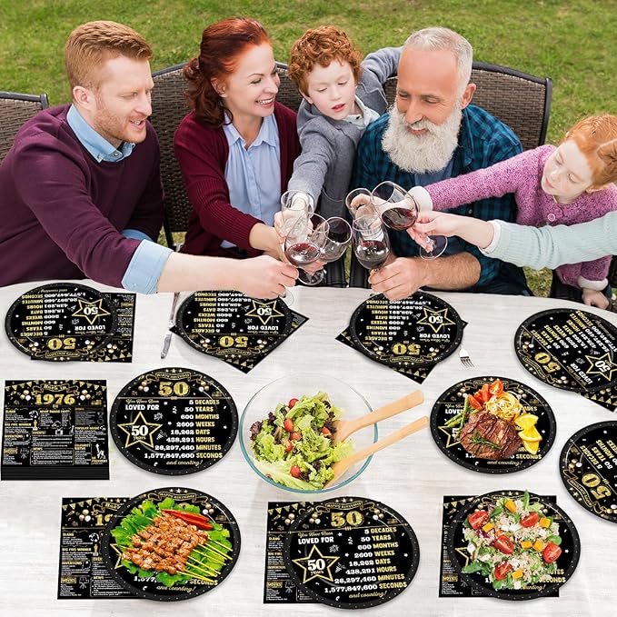 CHUNNIN 50Pcs 50th Birthday Plates and Napkins Back in 1976 Party Decorations Black Gold 50 Year Old Party Dessert Plates 1976 Disposable Tableware for 50th Theme Men Woman Birthday Supplies