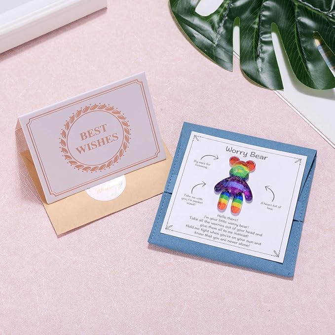 Aesnefe Pocket Bear Hug, Anxiety Relief Gifts for Men Women, Mental Health Positivity Gift for Anxious Friend, Autism Fidget Gift, Thoughtful Gifts for School Anxiety, Rainbow
