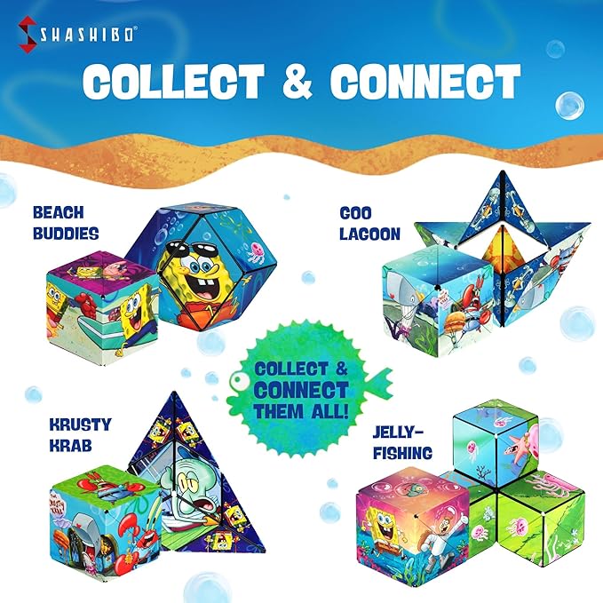 SHASHIBO Spongebob Squarepants Shape Shifting Box - STEM Magnetic Fidget Cube that Transforms Into Over 100 Shapes, Download Fun in Motion Toys Mobile App (Beach Buddies)