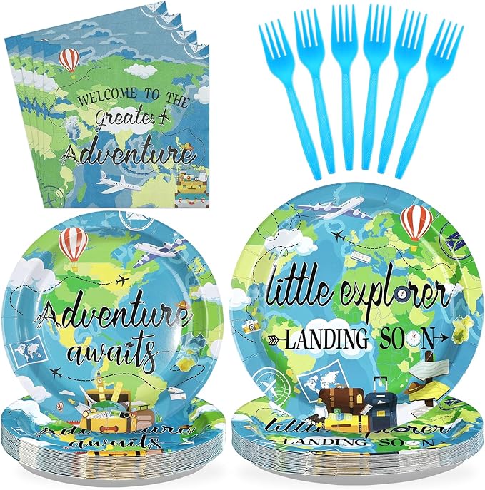 96Pcs Earth Day Baby Shower Party Supplies Adventure Travel Around The World Plates and Napkins World Map Explorer Disposable Tableware Sets for Kids Birthday Baby Shower Party Decorations Serves 24