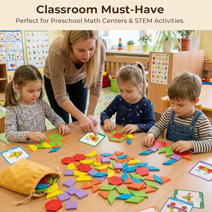 LovesTown 209 PCS Shapes Wooden Pattern Blocks for Kids, Geometric with Activity Cards and Storage Bag, Educational Tangram Puzzles,Great Learning Gift from Parents or Teachers (Pack of 2)