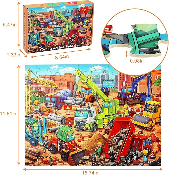 100 Pieces Puzzles for Kids Ages 6-8 8-10 Year Old Toddler Jigsaw Puzzle for Ages 4-6 Construction Engineering Vehicle Puzzles Educational Toys Gift for Children Boys Girls Ages 4-10
