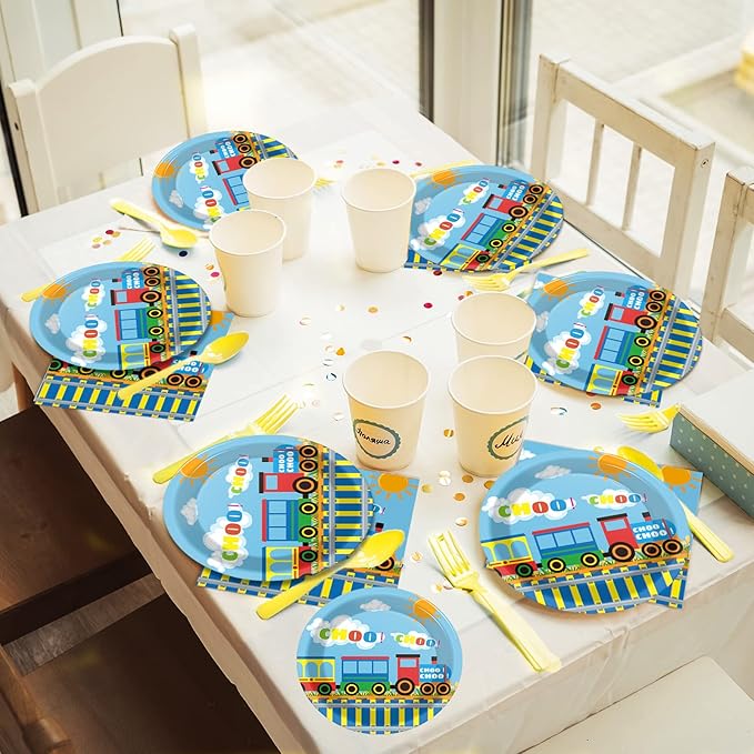 gisgfim 96 Pcs Train Plates and Napkins Party Supplies Train Birthday Party Tableware Set Train Theme Party Decorations Favors for Birthday Baby Shower Serves 24 Guests