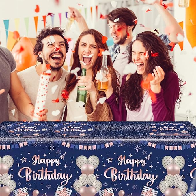 41Pcs Navy Blue Rose Gold Birthday Decorations Happy Birthday Party Tableware Set Include Paper Plates Napkins and Plastic Tablecloth Disposable Dinnerware Decorations for Women Men Party Table Decor