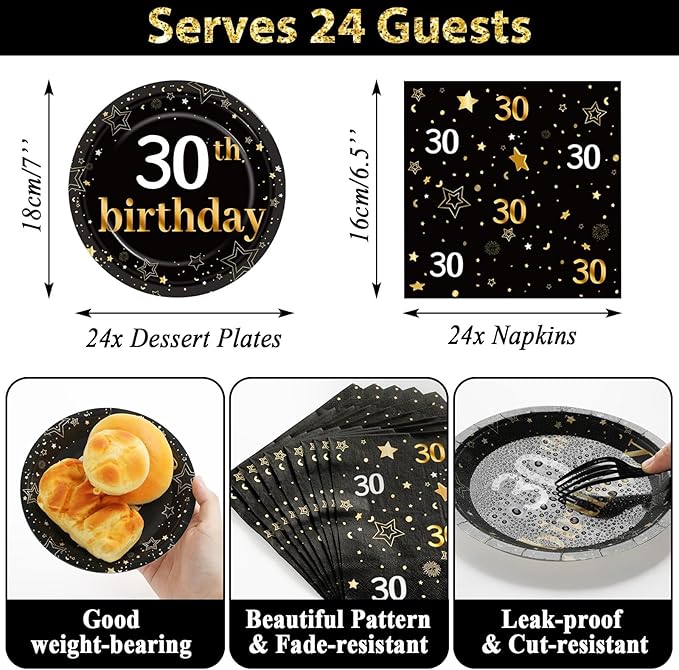 30th Birthday Party Supplies Serves 24 Black and Gold 30 Years Old Birthday Party Decorations Paper Plates Napkins Cheers to 30 Years Tablecloth Set Vintage 1996 Tableware Favors Kit for Men or Women