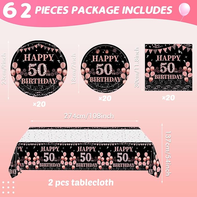 Ryzovo 62Pcs 50th Birthday, Vintage 50 Birthday Black and Rose Gold Disposable Paper Plates and Napkins Party Supplies for 20 Guests, Include 7'' Plates 9'' Plates Napkins and Tablecloth