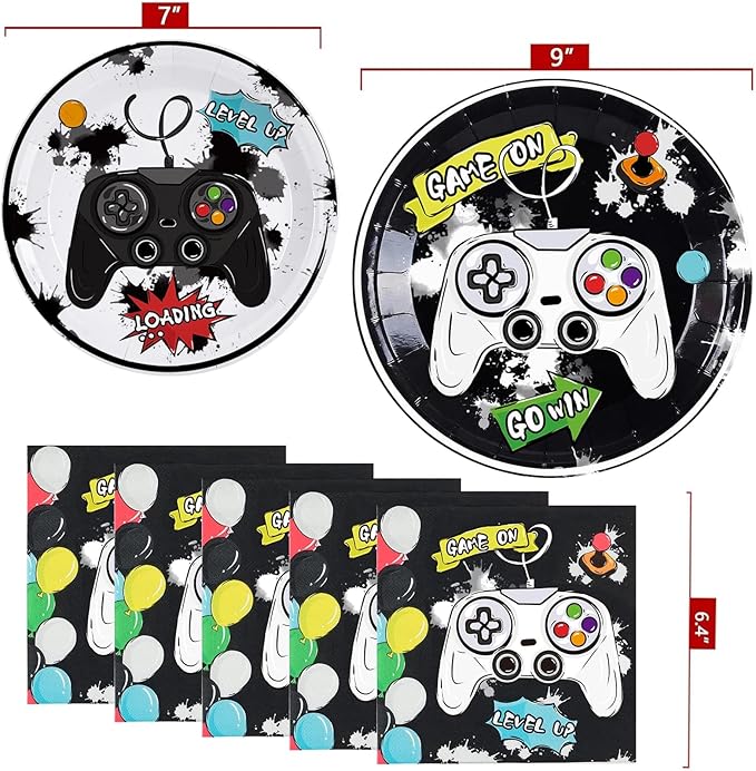 WERNNSAI Gamer Birthday Party Decorations - 48 PCS Birthday Plates and Napkins Black Boy Party Decorations Video Game Plates and Napkins for Boys Game Lovers Parties Supplies