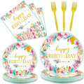 Tevxj 96 Pieces Happy Birthday Party Plates Napkins Boho Decorations Gold Metallic Tableware for Boys and Girls Happy Birthday Dessert Plates Napkins Forks for 24 Guests Party Supplies Favor