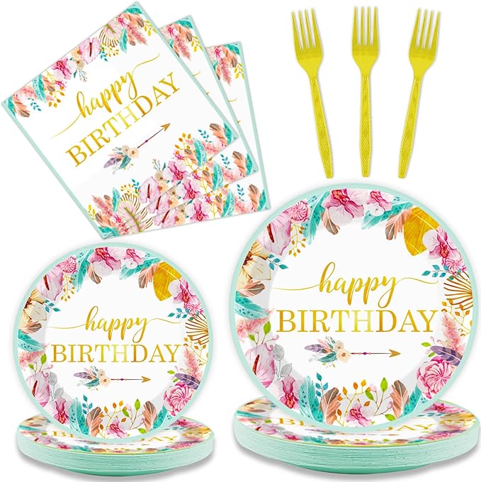 Tevxj 96 Pieces Happy Birthday Party Plates Napkins Boho Decorations Gold Metallic Tableware for Boys and Girls Happy Birthday Dessert Plates Napkins Forks for 24 Guests Party Supplies Favor