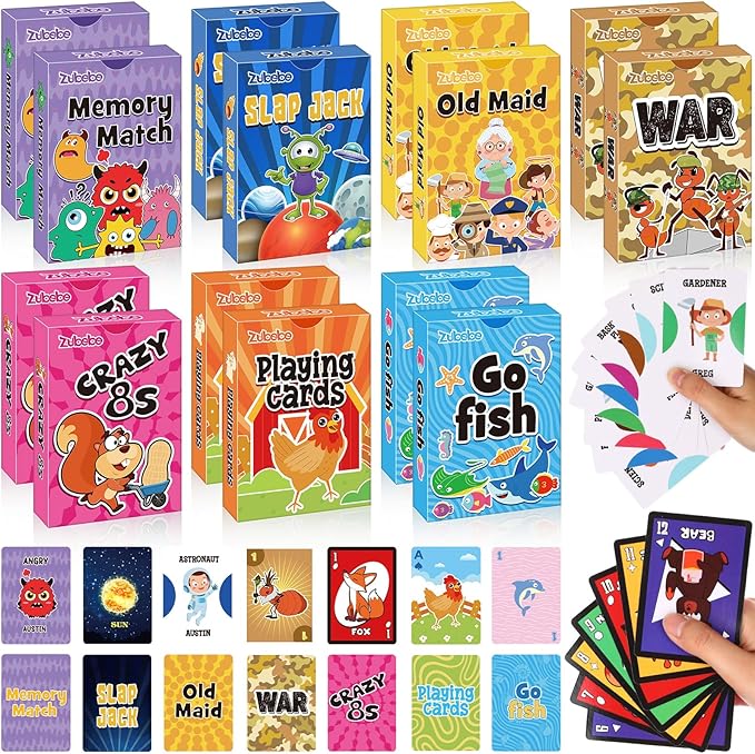 Zubebe 42 Pack Kids Card Games Gifts Bulk Classic Playing Card Game Set for Kids Includes Go Fish, Old Maid, Crazy Eights, Memory Match, Slap Jack, Playing Toy for Party Favors (Vivid)