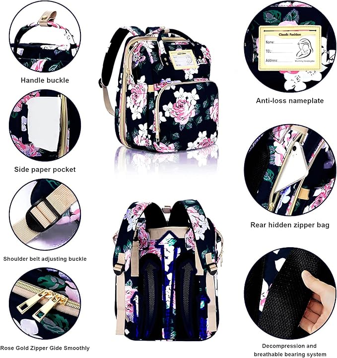 GurZinn Diaper Bag Backpack Waterproof Baby Bag Large Capacity Multifunction Nappy Bags Floral Insulated Durable Travel Maternity Back Pack with Changing Station for Baby （Black）