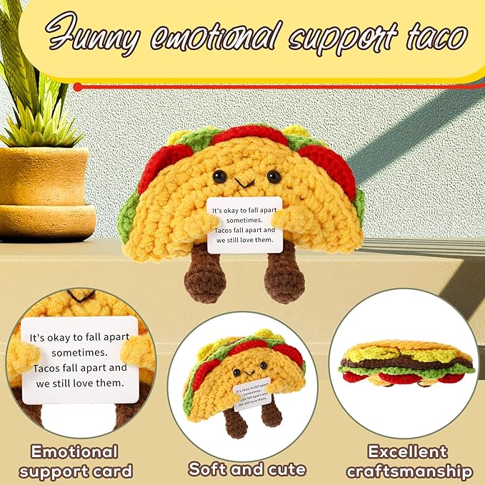TOYMIS Funny Positive Life Taco, 5.12x4.33 Inch Emotional Positive Support Taco Inspirational Crochet Taco with Encouragement Card Knitted Taco Doll Positive Gift for Friends Home Decoration