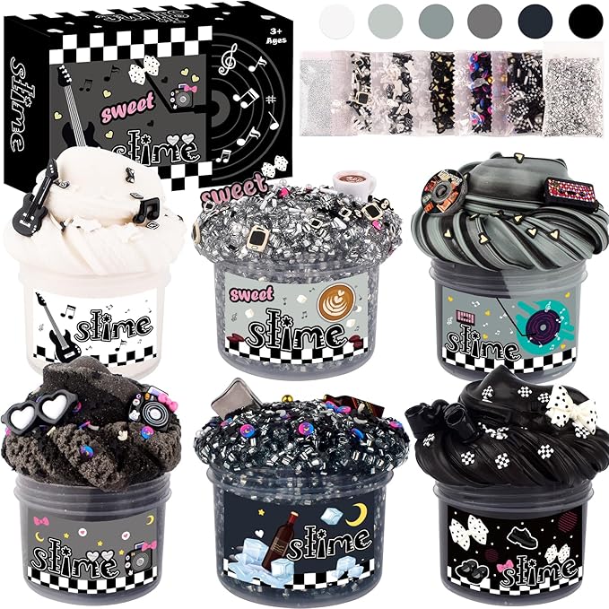 6 Pack Slime Kit, Black Punk Slimes, Cloud Butter & Clear Slime, Party Favors, Toys for Girls Boys Ages 8-12, Goodie Bag Stuffers, Kids Slime Kits for Easter Christmas Halloween Birthday Valentine