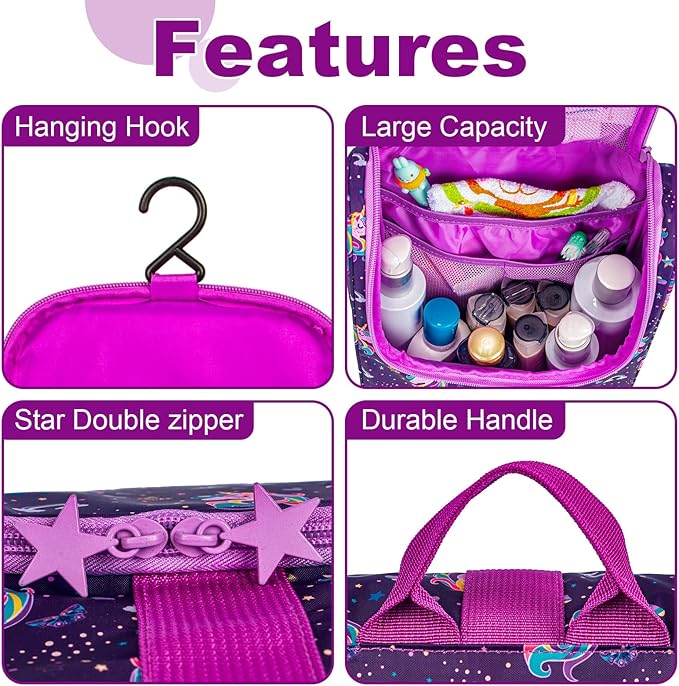 Remobia Hicol Cute Cartoon Hanging Kids Toiletry Bag Children Travel Cosmetic Makeup Organizer Wash Bag Shower bag Over Night Bag Camping Shaving Kit Bag for Boys & Girls(Unicorn)