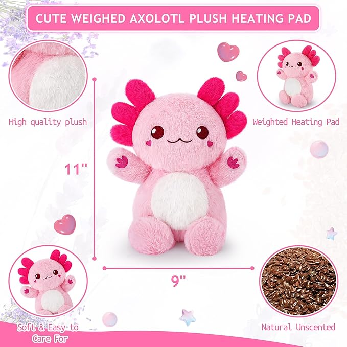 Pink Axolotl Microwavable Heating Pad Stuffed Animals-1.2lb Weighted Heating Pads for Cramps &Period Pain Relief Soft Plush Toy,Coolable & Heatable Stuffed Amimals, Birthday Gift for Women Kids