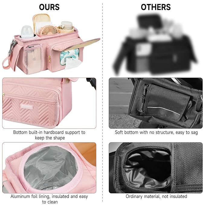 Universal Stroller Organizer with Insulated Cup Holders,Large Capacity Non-Slip Stroller Caddy Bag Fits for Uppababy/Doona/Jogger/Britax/Mompush/BoB with Anti-Sag Hard Bottom and Wet Wipes Pocket